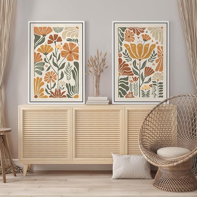SIGNFORD Framed Canvas Print Wall Art Set Vintage Flower in Pastel Illustration Modern Art Decorative Nordic Nature for Living Room, Bedroom, Office - 24"x36"x2 White