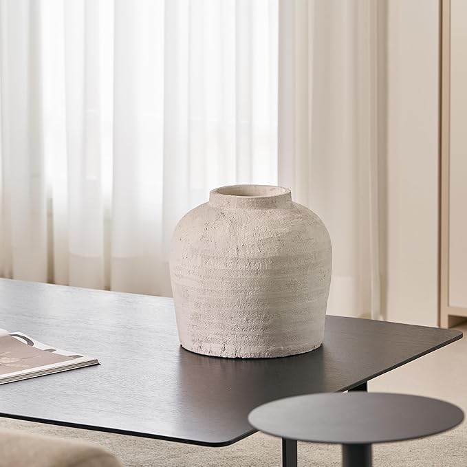 LB2 Large White Ceramic Vase, 11" Tall Zen Style Rustic vase, Terra Cotta Pitcher Vase, Distressed Farmhouse Decor, Pottery Decorative Flower for Home Decor (H 11" X 11")