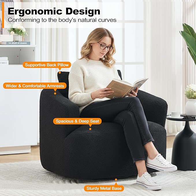 Luxlen Swivel Accent Chair with Pillow for Living Room, Teddy Fleece Upholstered Single Sofa, 360° Rotating Barrel Chair with Metal Base for Bedroom, Office, Apartment - Black