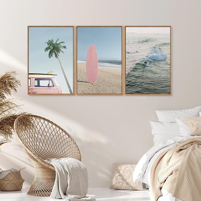 Tinonedraw Large Ocean Beach Framed Canvas Wall Art, Summer Coastal Surfboard Wall Decor, Palm Tree Pink Car Artwork, Modern Surfing Seascape Art Prints for Living Room Bedroom Office 16"x24"x3