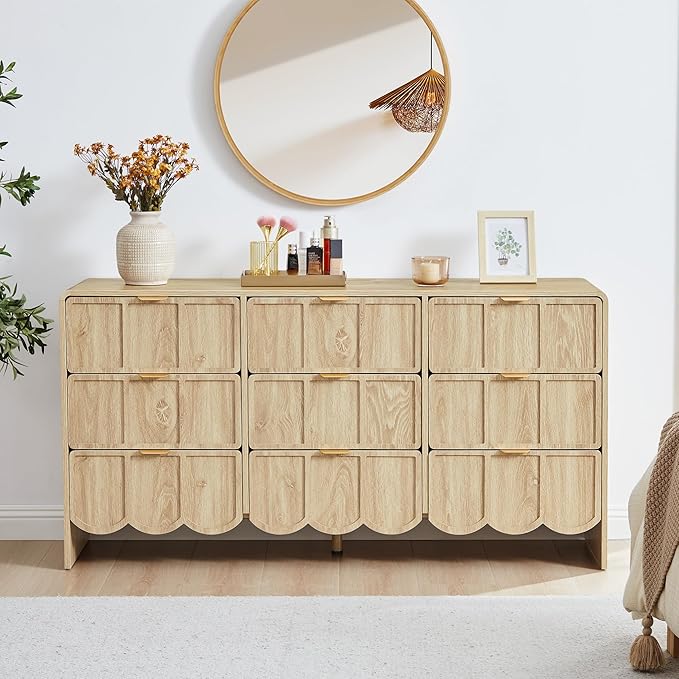 9 Drawer Dresser for Bedroom, Modern Closet Chest of Drawers with Wave Fluted Drawer, Wood Storage Small Dresser Organizer for Nursery Bedroom Living Room Hallway Closet (Natural)