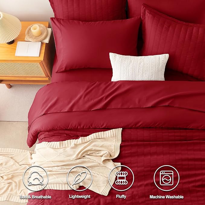 CozyLux Full Size Comforter Sets with Sheets Seersucker 7 Pieces Dark Red Bed in a Bag Textured Luxury Soft Bedding Set with Down Alternative Comforter, Sheets, Pillowcases & Shams for All Seasons