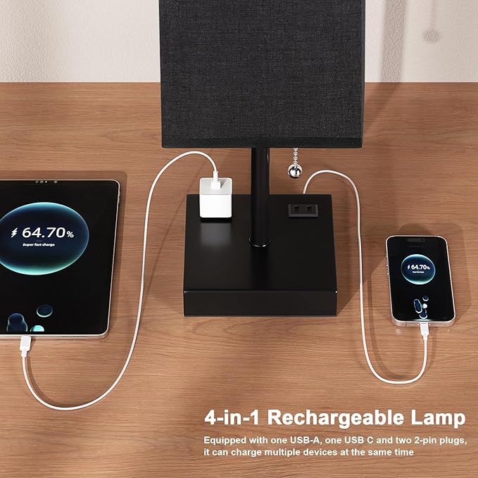 Plus Black Bedside Table Lamps Set of 2 - Bedroom Lamps with 3 Colors (3000K/5000K/4000K), Square Nightstand Lamp with USB C + A Charging Ports and 2 AC Outlets, Pull Chain Night Light for End Table
