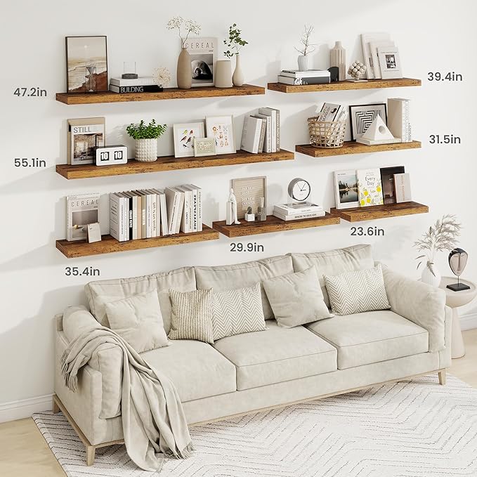 Fun Memories 24 Inch Floating Shelves for Wall, 9 Inch Deep Brown Rustic Wood Wall Mounted Shelves for Bathroom, Kitchen, Living Room, Set of 2