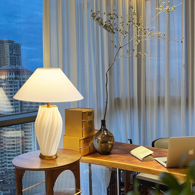 Modern Plug in Ceramic Table Lamps 24.5In, White Textured Table Lamp Tables Decorative for Living Room Bedroom Bedside Nightstand Room Office