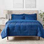 Amazon Basics Full/Queen Comforter Set with Sheets, 7-Piece Blue Calvin Striped Bedding, Lightweight Microfiber Bed-in-a-Bag
