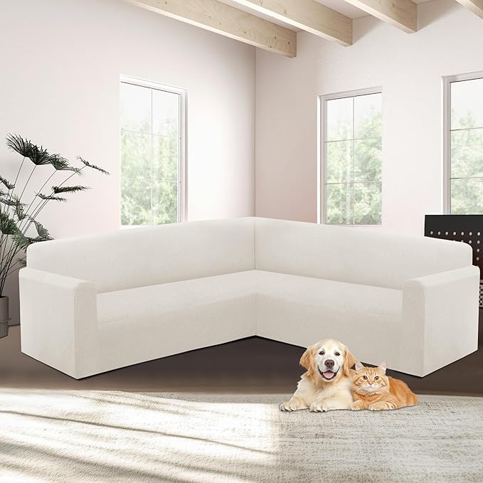 HDCAXKJ Sectional Couch Cover L Shape Stretch Sofa Covers Washable Jacquard Corner Couch Slipcover Non Slip Sectional Slip Cover U Shaped Furniture Protector for Pets Dogs (White, Large)