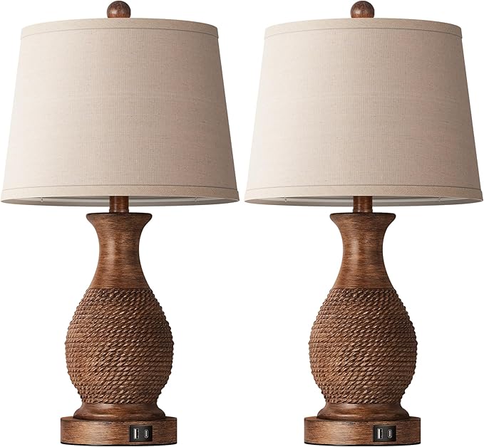 PARTPHONER Table Lamps Set of 2, Bedside Touch Lamp with USB C+A Charging Ports, Side Table Lamp with Linen Fabric Shade (LED Bulbs Included), Wood