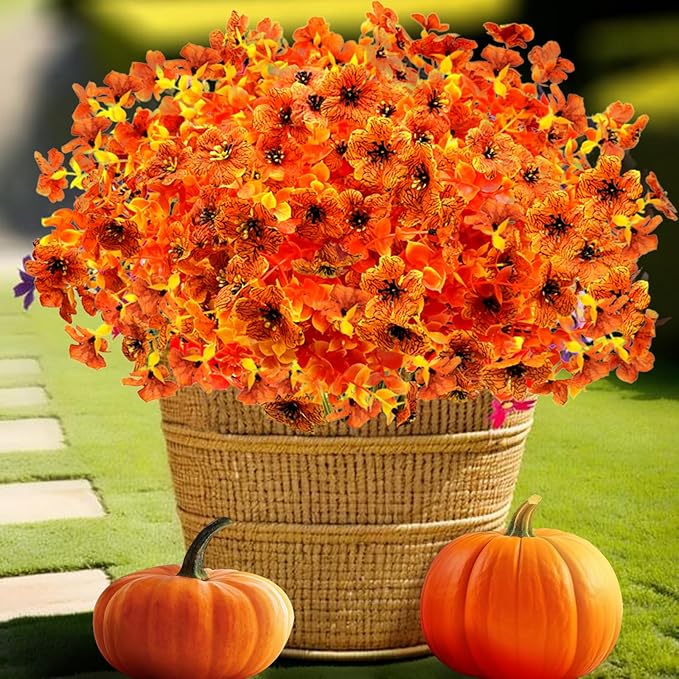 Artificial Fall Flowers for Outdoors, 10 Bundles Artificial Plants UV Resistant Fall Fake Plants for Outside Halloween Christmas Porch Decoration Fall Decor(Orange(Eucalyptus))
