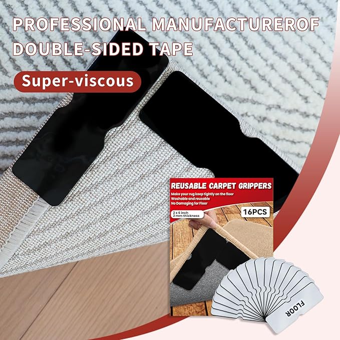 Reusable Carpet Grippers,Non Slip Rug Pads Grippers for Hardwood Floors and Tiles, Washable,Strong Adhesive Grippers for Area Rugs, Keep Corners Flat, Non-Damaging for Floor Mysterious Black(16)
