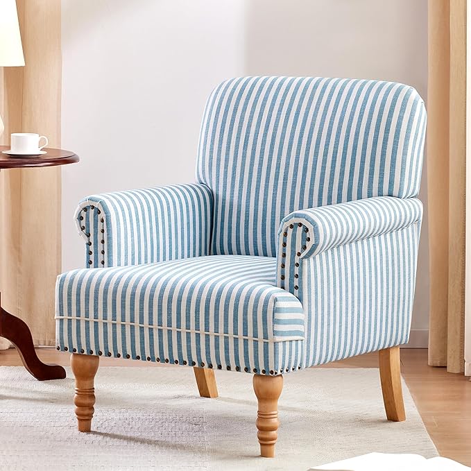 HUIMO Linen Fabric Accent Chair, Mid-Century Modern Armchair with Solid Wood Legs, Single Sofa Chair,Upholstered Reading Club Chair (1, Blue and White Stripe)