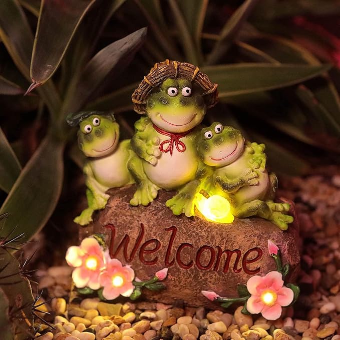 Funny Frog Statues For Garden - 7'' Mothe & Sons Solar Frog Garden Decor Frog Garden Statue For Yard Patio porch Lawn Birthday Christmas Thanksgiving Housewarming Frog Gifts For Women Mother.