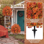 Artificial Topiary Ball Trees with Ground Spikes UV Resistant Faux Greenery Shrubs Fake Shrubs for Outdoors, Realistic Faux Plants Bushes for Garden Porch Yard Patio Decor (Orange Small Flower)