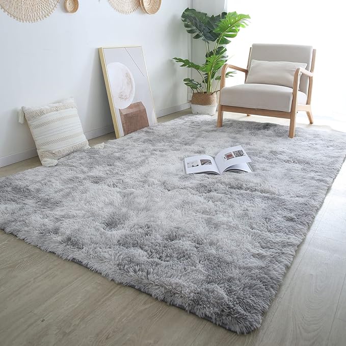CAIYUECS Shag Area Rug,Indoor Ultra Soft Plush Rugs for Bedroom Living Room, Non-Skid Modern Nursery Faux Fur Rugs for Kids Room Home Decor (Tie-Dyed Light Gray, 4x6 Feet)