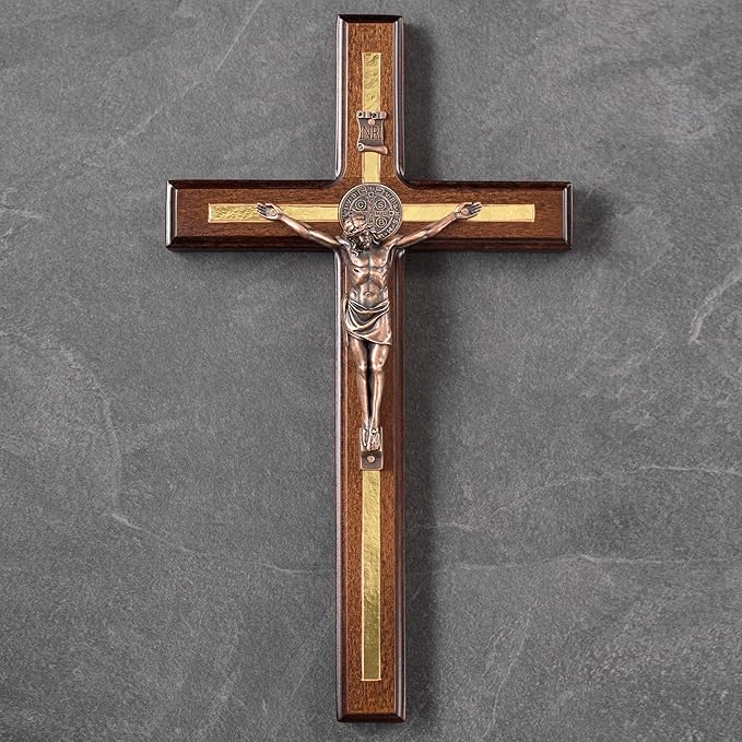 Asterom St Benedict Crucifix Wall Cross - Handmade Saint Benedict Wood Cross Wall Decor - Catholic Crucifix - 12 Inch