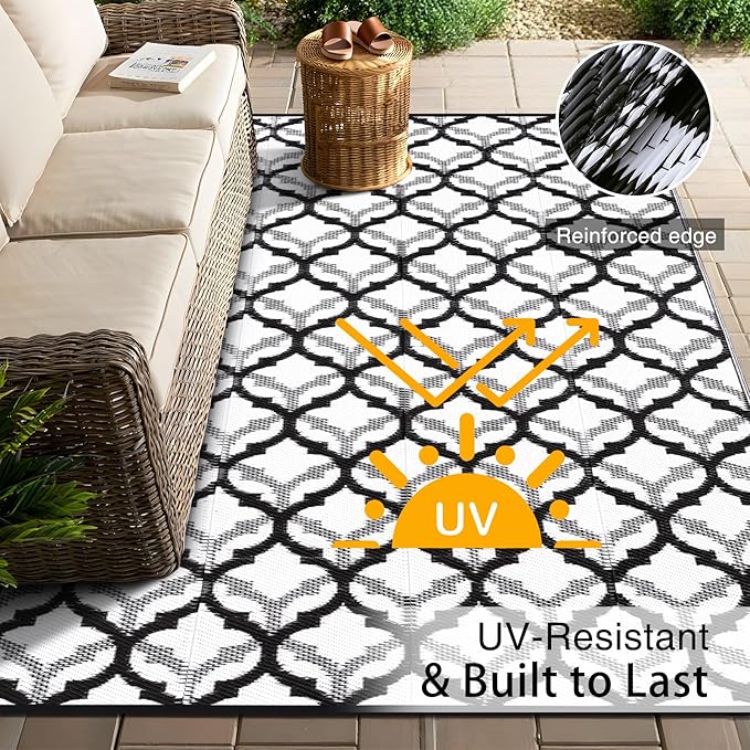 OLANLY Reversible Outdoor Rug 6x9 ft Clearance, Waterproof Outdoor Plastic Straw Rug with Interlacing Pattern, RV Mat for Patio, Camping, Balcony, Deck, Backyard, Black & White