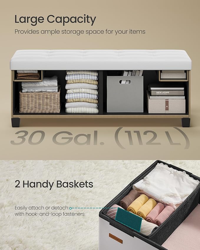 SONGMICS Storage Ottoman, Storage Bench with Legs, 15 x 43 x 15.7 Inches, Ottoman Bench, 30 Gal. (112 L), Synthetic Leather, for Living Room, Entryway, Cloud White ULSF0514W02