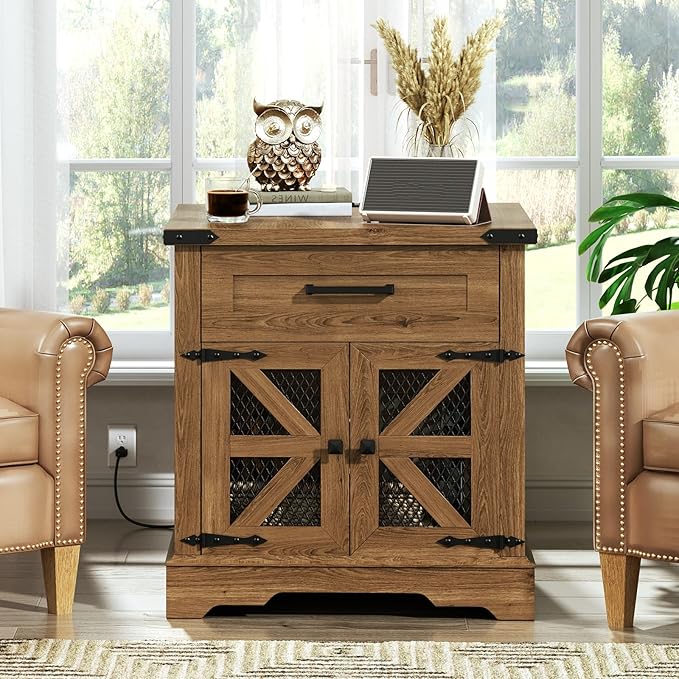 Farmhouse End Table Set of 2, 24" Large Sofa Side Table with Drawer, Large End Table for Living Room, Wooden Nightstand with Charging Station, Square, Walnut