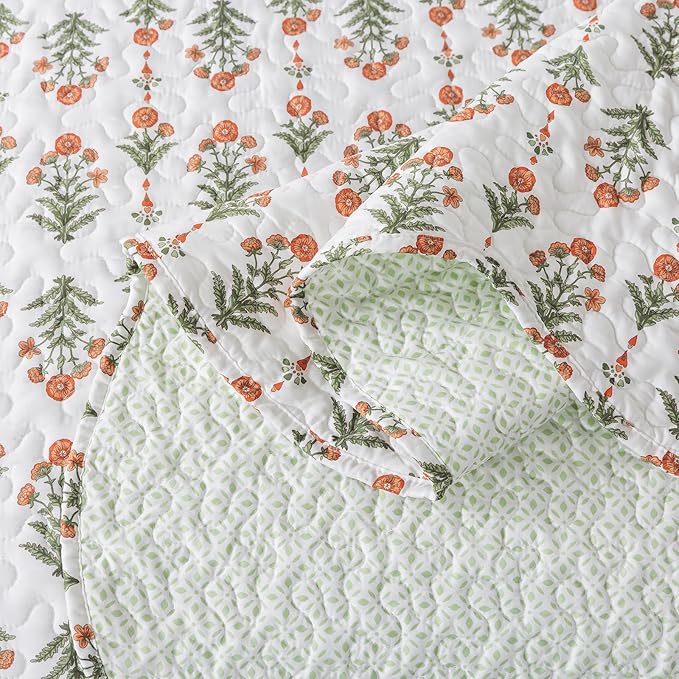 Travan 3-Piece Quilt Set Quilted Bedspread Lightweight Coverlet Set Garden Style Floral Printed Oversized Quilted Bedding Set for All Season, Orange Mirror, King Size