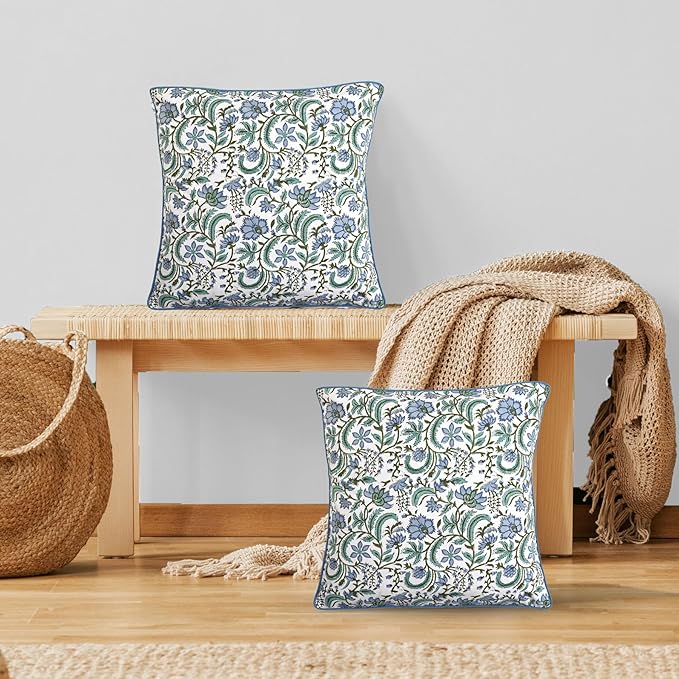 Ridhi Columbia Blue Block Print Cotton Throw Pillow Covers for Decorative Couch Pillows for Living Room, Chic Boho Cute Outdoor Valentine Pillows Covers Gifts 20x20 Inches