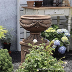 Vintage Garden Urn Planter with Pedestal, Cement and Fiber, Maked Bronze Color, Decorative Leaf Pattern, 30 Inch Height, Wrap Foam Safely Delivered from Local Warehouse (Bronze)
