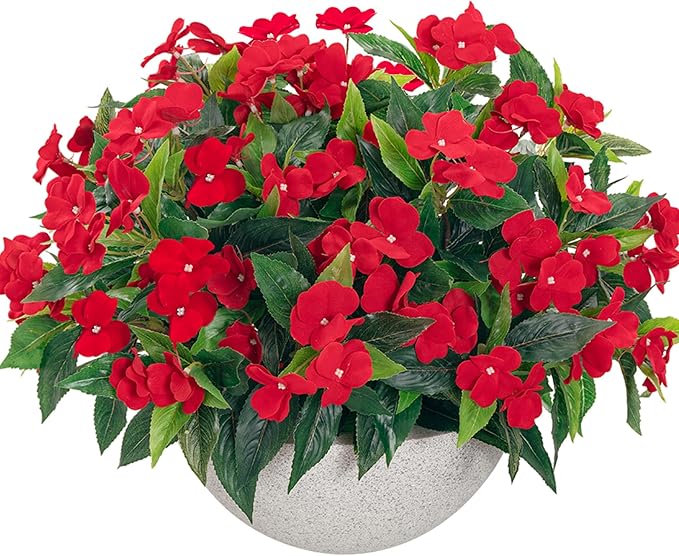 Uqueeten15.7” Fall Decorations for Home Fake Fall Flowers Fake Plants Artificial Impatiens Bouquet Flowers for Outdoors Silk Faux Flowers Impatiens Plants Decor Indoor Planters 8PCS (Red)
