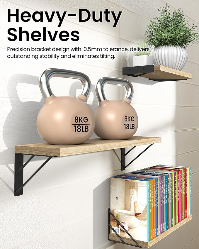 BAYKA Wall Shelves for Bedroom Decor, Floating Wall Shelves for Living Room Kitchen Storage, Wall Mounted Rustic Wood Floating Shelves for Kids Books, Corner Shelves for Bathroom(Brown，Set of 3)