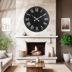 35" Large Wall Clock, Shiplap Wall Clock with Roman Numeral Nearly Non-Ticking Farmhouse Round Wall Clocks for Living Room Decor, Office, Bedroom, Entrance, Black