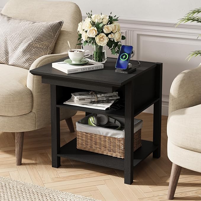 Rresyet Farmhouse End Table with Charging Station, Sliding Side Table & 2-Tier Storage, Wooden Nightstand for Bedroom and Living Room, Black