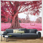 FENDROM Autumn Pink Flower Tapestry Window View Wall Hanging, Nature Forest Floral Trees Garden Scenic Tapestries for Living Room Home Office Dorm