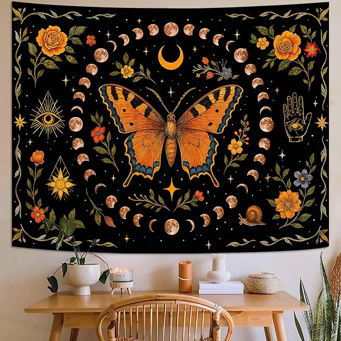 Lunerfex Moon Phase Butterfly Floral Wall Tapestry, Celestial Botanical Tapestries for Room Decor, Mystical Tapestry 60x44 Inch