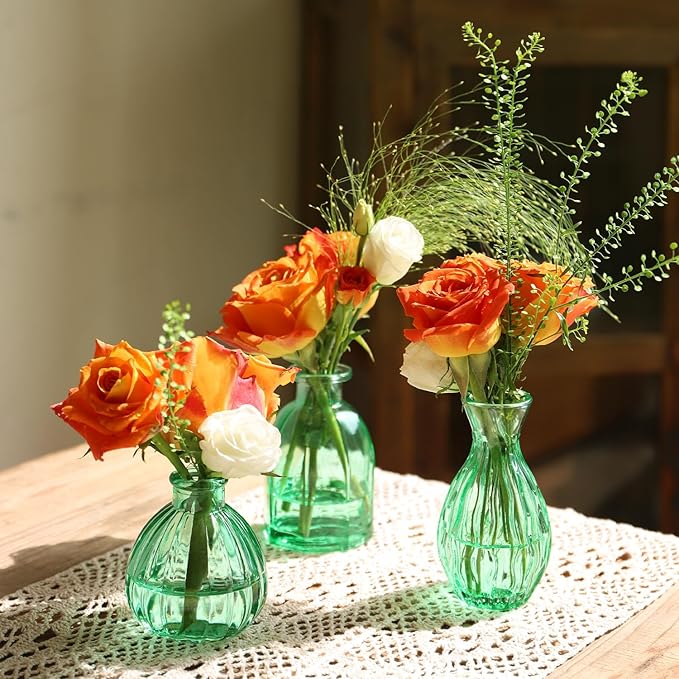 Green Vase, Bud Vases Set of 12, Small Green Glass Vases for Flowers Modern Ribbed Glass Bud Vase for Decor Wedding Flower Vase in Bulk Vintage Decor Bridal Shower Centerpieces Home Table Decoration