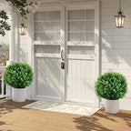 Artificial Topiary Tree with Eucalyptus, Set of 2 UV Resistant 17in Miniature Trees, Outdoor for Porch, Fake Bonsai Topiaries, Greenery Balls, Faux Shrubs for Planters, Curb Appeal Decor