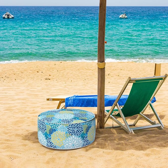 Inflatable Ottoman Stool D21 xH9 for Outdoor/Indoor Use, Water Repellent Patio Foot Rest Stool with Portable Handle,Round Pouf Ottoman Suitable for Garden,Deck and Camping - Dahlia Blue