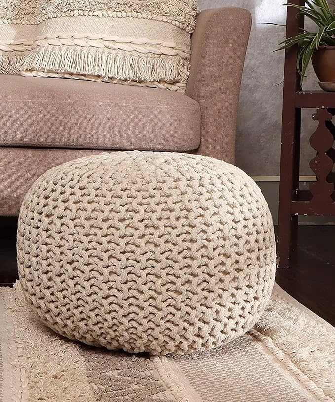 REDEARTH Round Pouf Ottoman - Cable Knitted Boho Poof - Home Décor Cord Pouffe Handmade Circular Footrest for Living Room - Bedroom - Kids Bedroom - 100% Cotton Pouf (19.5"x19.5"x14") - Natural