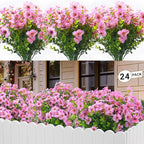 24 Bundles Artificial Flowers for Outdoors & Indoors – UV Resistant Faux Plastic Plants for Garden, Patio, Porch, Window Box, Home Decor – Lush & Vibrant Fake Flowers, Pink