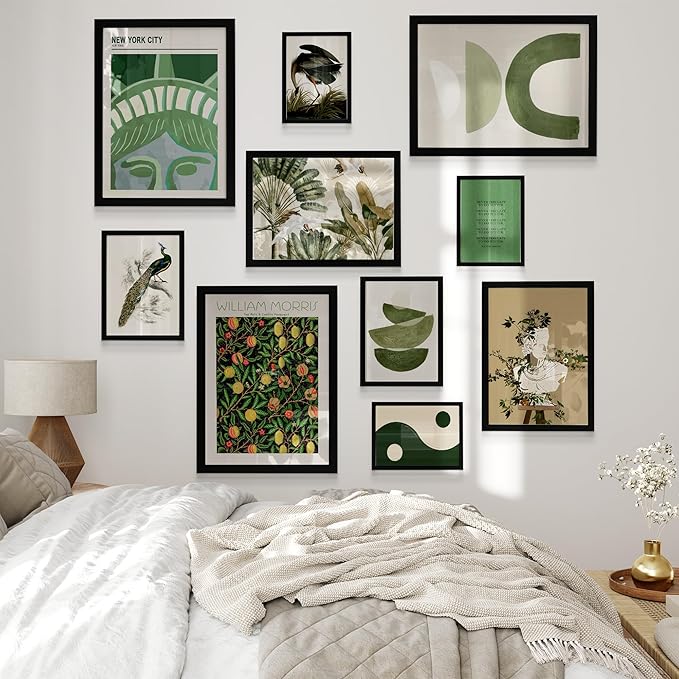 Framed Wall Art Set, Green Botanical Prints, Set of 10 pcs Eclectic Framed Posters for Room Decor, William Morris Wall Art, Aesthetic Nature-Inspired Gallery Wall Decor for Living Room, Bedroom, Kitchen