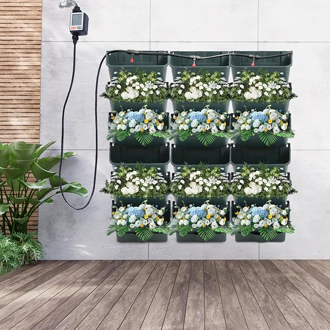 Self-Watering Wall-Mounted Planter, Vertical Garden Planter Set with 18 Pots, Stackable Plant Grow Pots with Electronic Timer for Growing Veggies, Fruits, Herbs, Flowers.