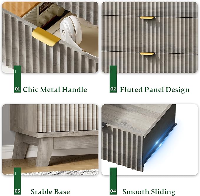 Fluted Nightstand with Charging Station, 24" Wide Bedside Table with 3 Large Storage Drawers, Modern Wood Side Table Night Stand, End Table Small Dresser for Bedroom, Living Room, Dorm, Grey