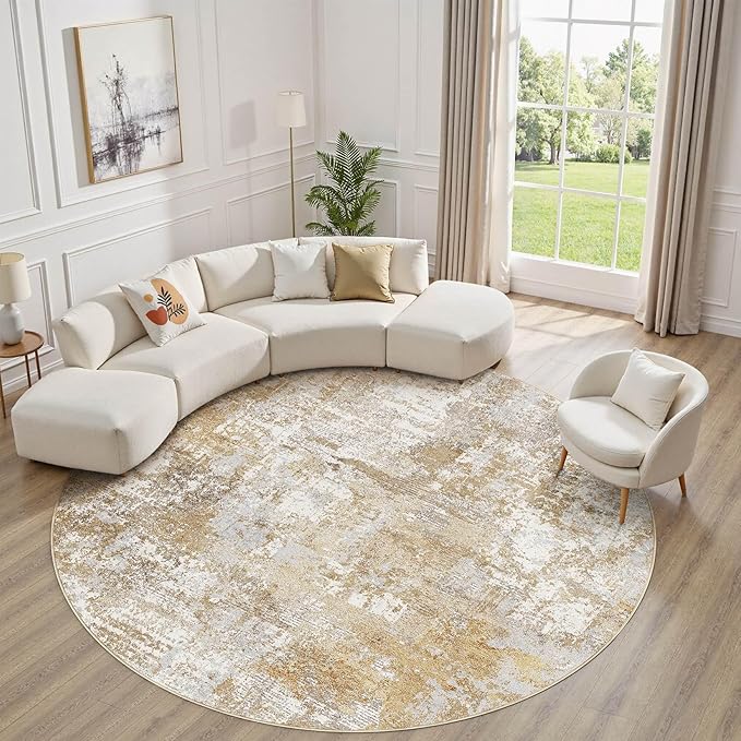 Tortania Washable 6' Round Area Rug for Living Room: Modern Abstract Neutral Large So' Thin Rugs - Non Slip Indoor Carpet for Bedroom Dining Room Office Nursery Home Floor Decoration - Brown Grey