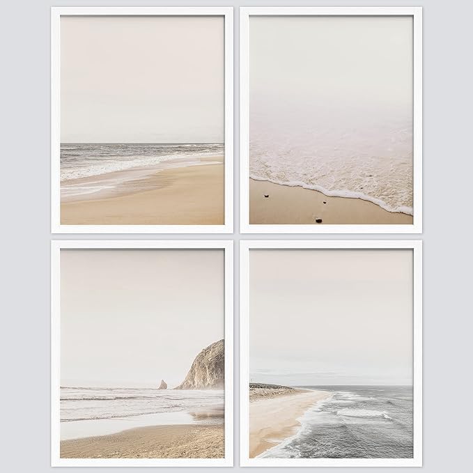 SIGNWIN Framed White Minimalist Ocean Beach Seashore Scenic Wall Art, Set of 4 Landscape Colorful Wall Decor Prints, Nature Wilderness Wall Décor for Living Room, Bedroom - 12"x16" White