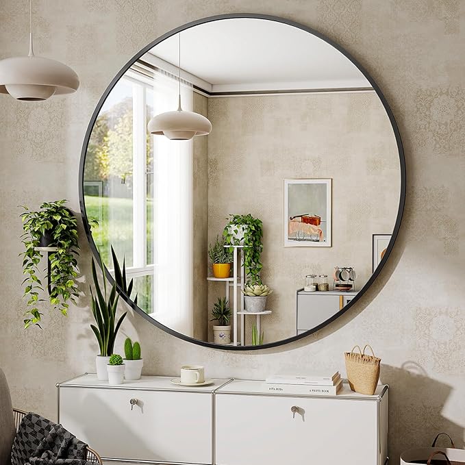 BEAUTYPEAK 48 Inch Round Mirror, Metal Frame Circle Mirror, Wall Mounted for Entryway, Bathroom, Vanity, Living Room, Black