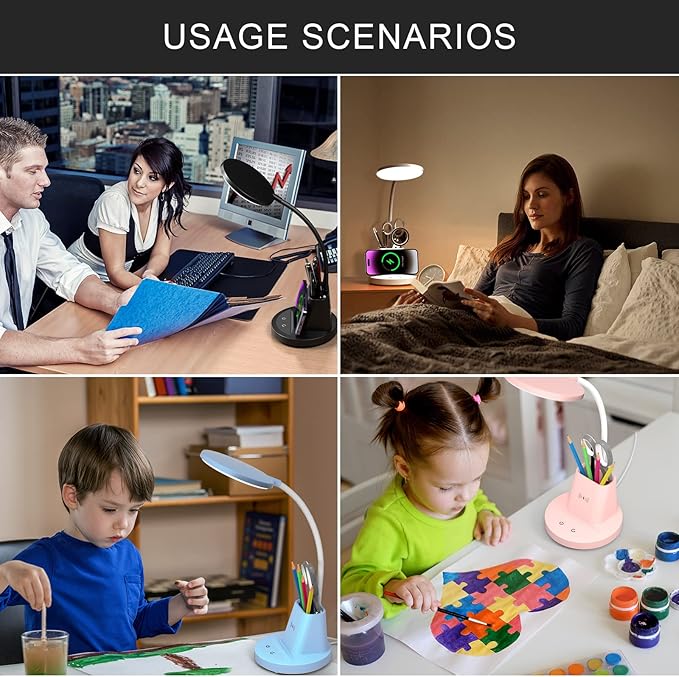 Desk Lamp for Home Office, LED Desk Lamp with Wireless Charger Pen Phone Holder, Dimmable Desk Light 3 Color Modes, College Dorm Study Lamp for College Dorm, CRI 90 800 Lumen