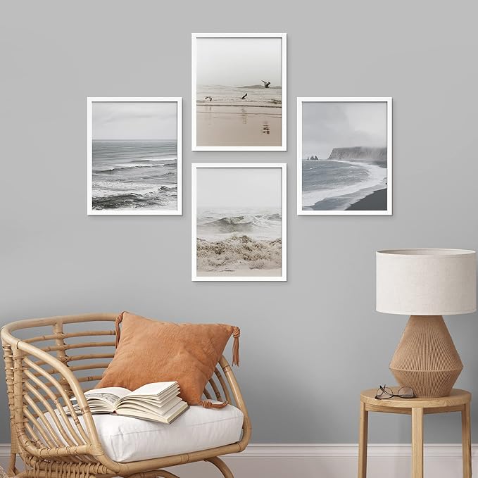 SIGNWIN Framed White Minimal Ocean Beach Seashore Coastals Wall Art, Set of 4 Landscape Colorful Wall Decor Prints, Nature Wilderness Wall Décor for Living Room, Bedroom - 11"x14" White