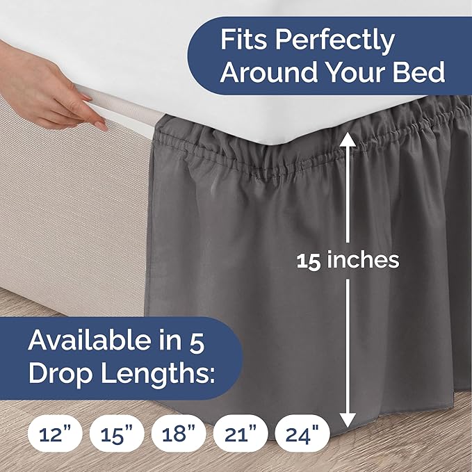 Wrap Around Dust Ruffle Bed Skirt - Dark Grey - for Queen Size Beds with 15 Inch Drop - Elastic Strap - Adjustable Pleated Bedskirt with Brushed Fabric and Wrinkle Free - for Women, Men, Kids & Teens