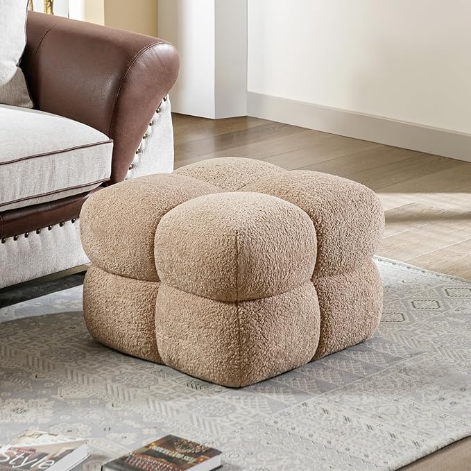 ONEVOG 21" Light Brown Funky Ottoman, Square Fuzzy Couch Sherpa Pouf Ottoman, Tufted Fluffy Boucle Fabric Foot Stools, Upholsered Footrest & Coffee Table for Living Room Bedroom, Cute Pouf Home Decor