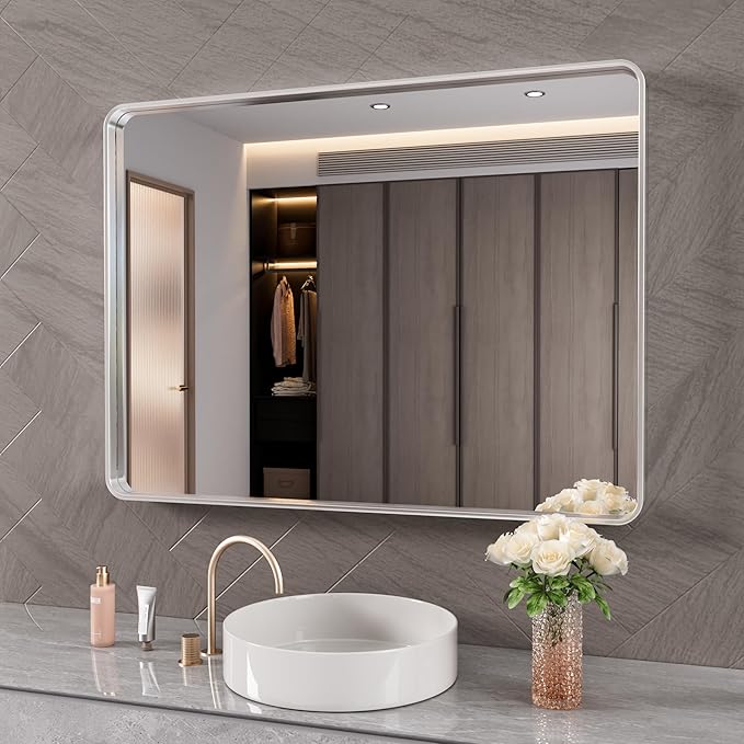 Brushed Nickel Bathroom Mirror 40x32 Inch, Brushed Silver Metal Frame Mirror Wall Mounted, Rounded Rectangle Bathroom Vanity Mirror, Tempered Glass, Anti-Rust, Horizontal/Vertical