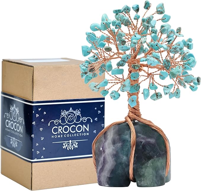 Crocon Howlite Green Turquoise Gemstone Money Tree with Fluorite Rough Wire Wrapped Base | Feng Shui Bonsai | Ornament Figurine | Chakra Balancing | Reiki Crystal Healing | Spiritual | Decor Size 5-6"