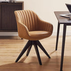 Art Leon Office Chair No Wheels, Mid Century Modern Desk Chair, Swivel Accent Chair with Oak Wood Legs, Faux Leather Upholstered Armchair for Desk, Brown