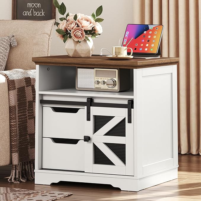 Farmhouse End Table with Charging Station, Sofa Side Table with 2 Drawers and Barn Door, Rustic Wooden Nightstand Bedside Table for Bedroom, Living Room,White and Walnut